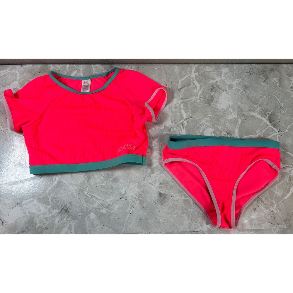 Justice Girls Neon Pink Ribbed‎ 2 Piece Swimsuit Set Teal Trim Size M 10 T Shirt